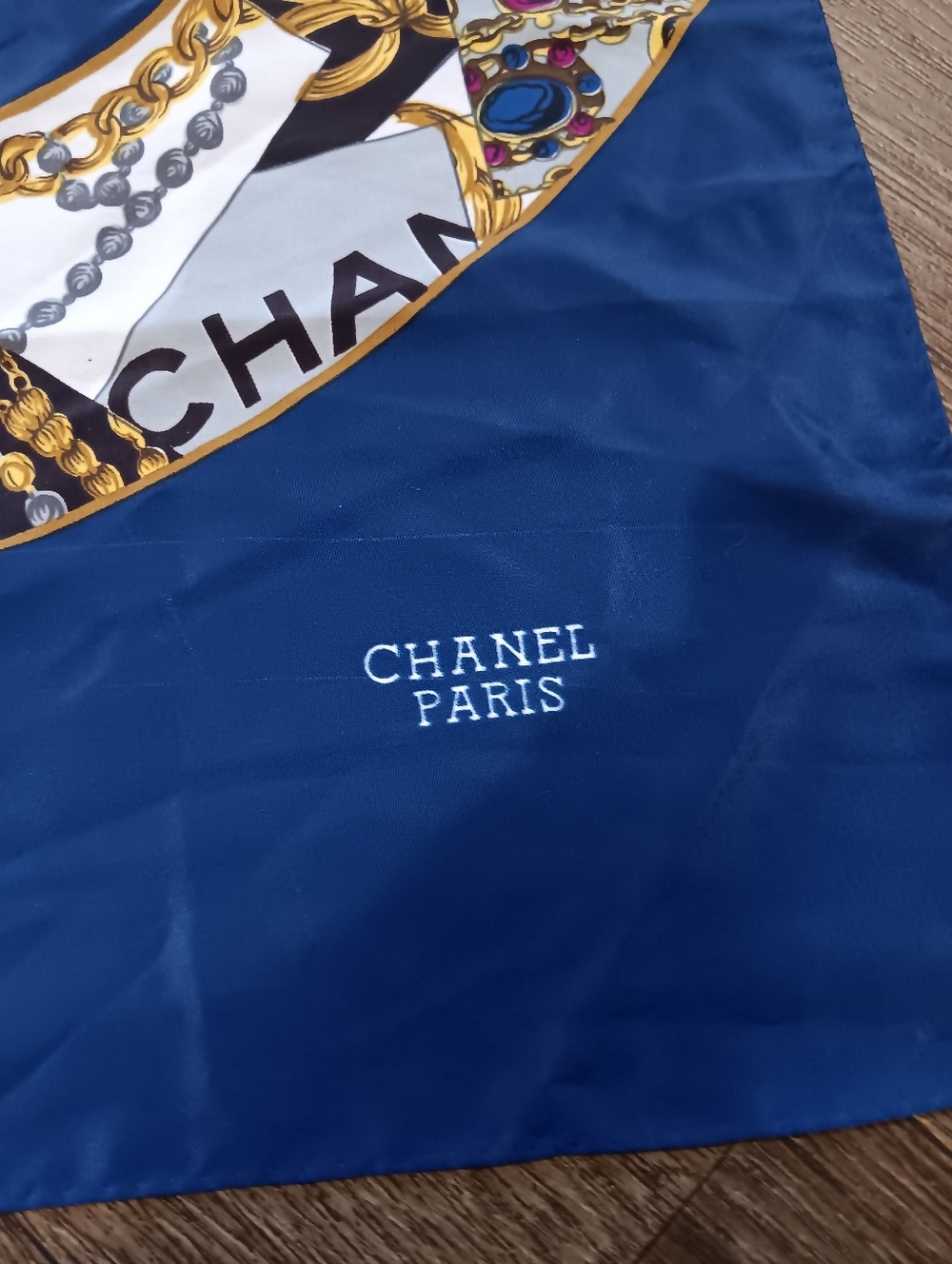 Vintage 90s Chanel Blue Silk Logo Scarf Authentic & Chanel Scarf - Picture 3 of 5